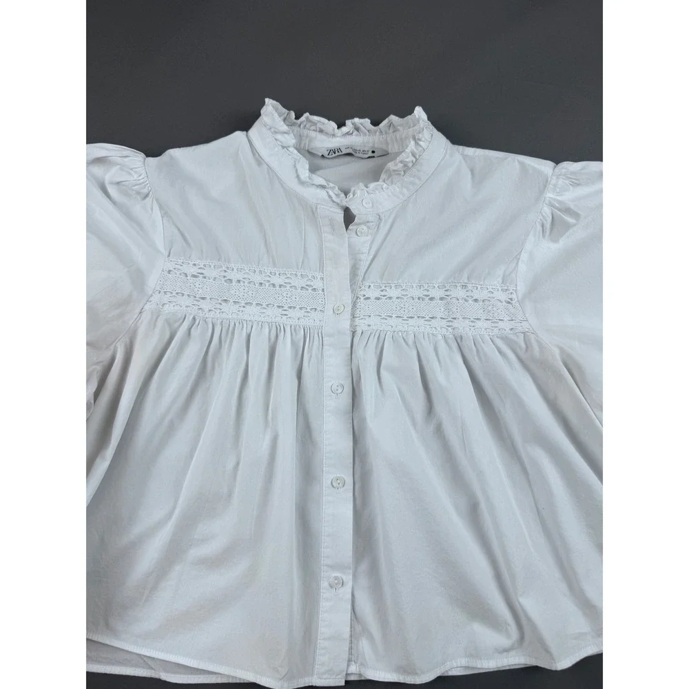 Zara White Cotton‎ Eyelet Lace Ruffle Collar Puff Sleeve Blouse XL Victorian